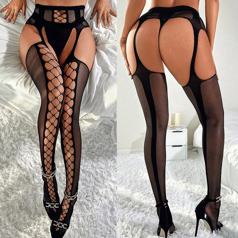 Black Crotchless Soft Stretch Body Stockings Lace Sheer Lingerie Night Dress Women Sexual Wear Embroidery Fishnet Sexy Underwear