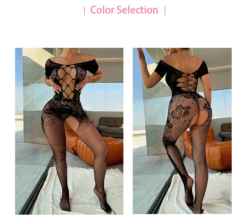 Black Crotchless Soft Stretch Body Stockings Lace Sheer Lingerie Night Dress Women Sexual Wear Embroidery Fishnet Sexy Underwear