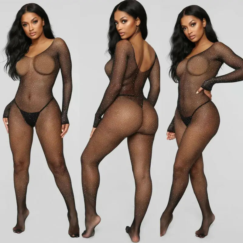 Bling Rhinestone Fishnet Bodysuit Mesh Long Tights Teddy Sexy Lingerie Erotic Costumes Translucent Crotchless Body Stockings