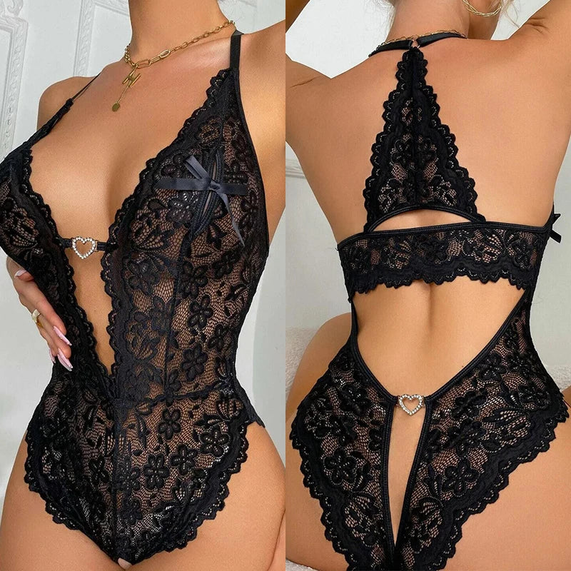 New Crotchless Red Sexy Lingerie Women Lace Hollow Bodysuit Erotic Costumes Teddy Baby Doll Dress Deep V Open Bra Porn Underwear