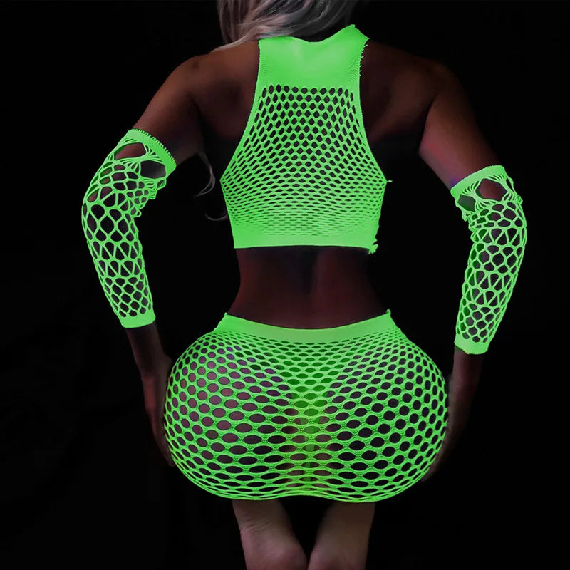 New Luminous Crotchless Bodystocking For Sex Mesh Babydoll Dress Transparent Lingerie Plus Size Curvy Bodysuit Erotic Costumes