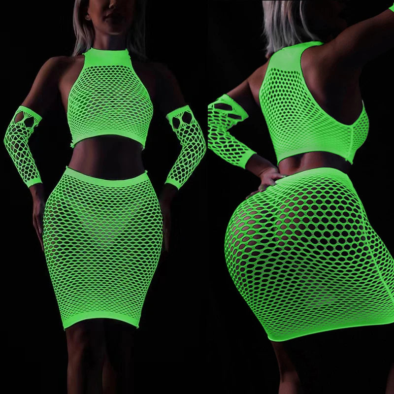 New Luminous Crotchless Bodystocking For Sex Mesh Babydoll Dress Transparent Lingerie Plus Size Curvy Bodysuit Erotic Costumes