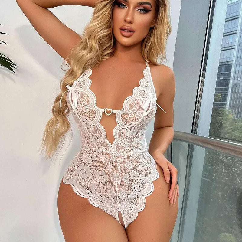 One Piece Women's Close Fitting Clothes Transparent Lace Sexy V-neck Backless Crotch Free Open Lingerie Mini Short Nightdress