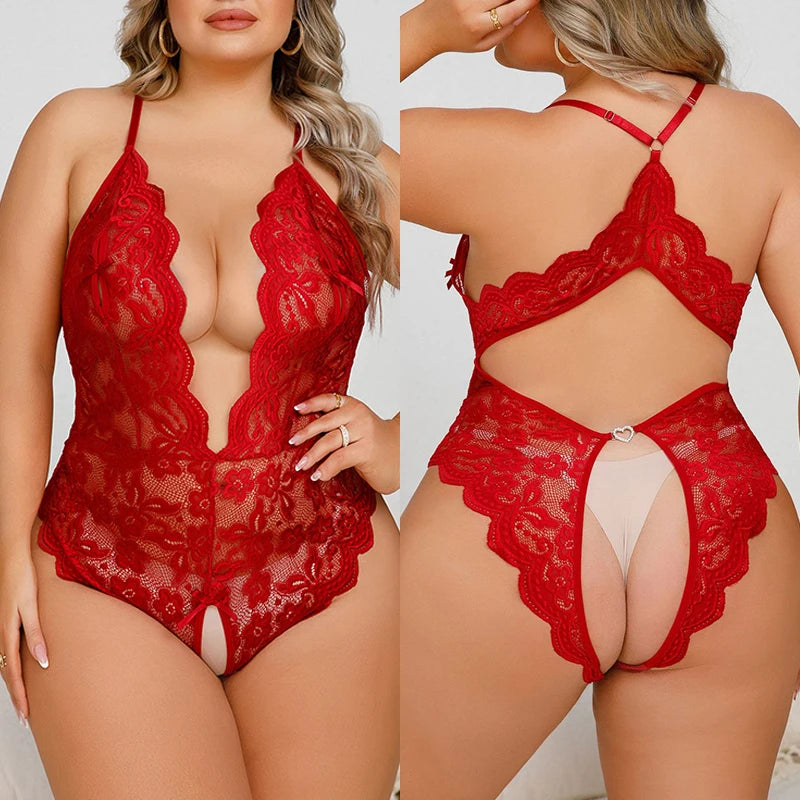 Plus Size Sexy Crotchless Lingerie Women Lace Hollow Bodysuit Erotic Pajamas Teddy Babydoll Dress Deep V Open Bra Underwear Set