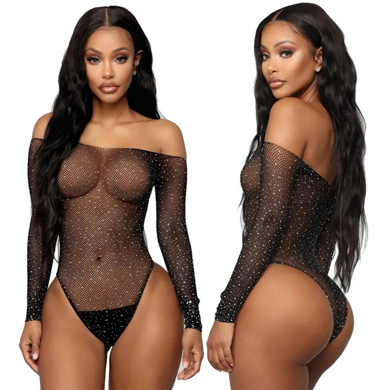 Sexy One-Piece Lingerie Bodysuit Women Bra Set Perspective Rhinestone Underwear Transparent Open Sexy Erotic Lingerie Set