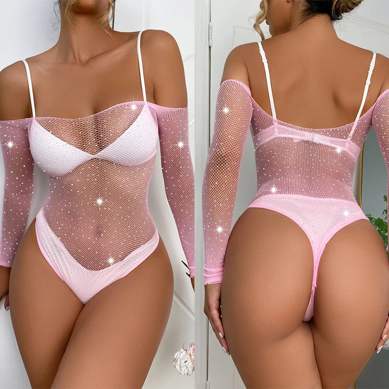 Sexy One-Piece Lingerie Bodysuit Women Bra Set Perspective Rhinestone Underwear Transparent Open Strapless Erotic Mesh Bra Sets