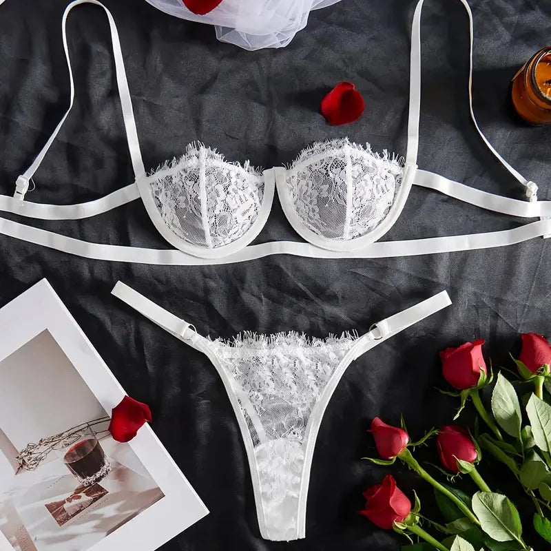 White Floral Lace Eyelash Lingerie Set Intimates See Through Bra & Thong Sets Women's Sexy Lingerie Erotic Underwear