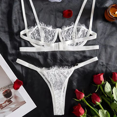 White Floral Lace Eyelash Lingerie Set Intimates See Through Bra & Thong Sets Women's Sexy Lingerie Erotic Underwear