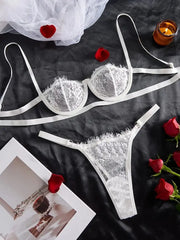 White Floral Lace Eyelash Lingerie Set Intimates See Through Bra & Thong Sets Women's Sexy Lingerie Erotic Underwear